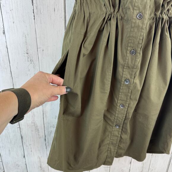 Theory Military Green Laela Cotton Mini Shirt Dress Drawstring Waist Size 4 - Picture 4 of 15